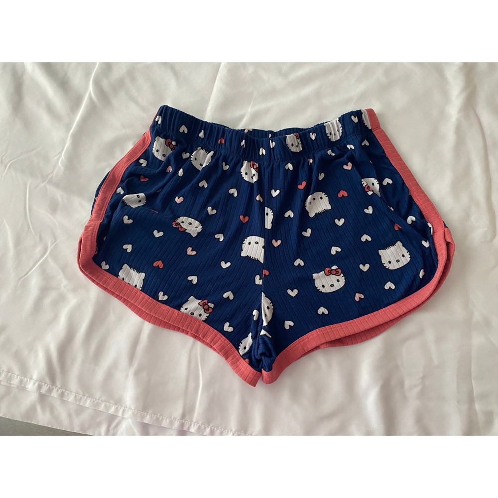Hello Kitty Sanrio Women Ribbed Heart Print Pajama Shorts Size M Blue Pink Y2K
